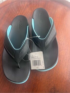 Adidas Men Black Flip Flops with Aqua Blue Accents